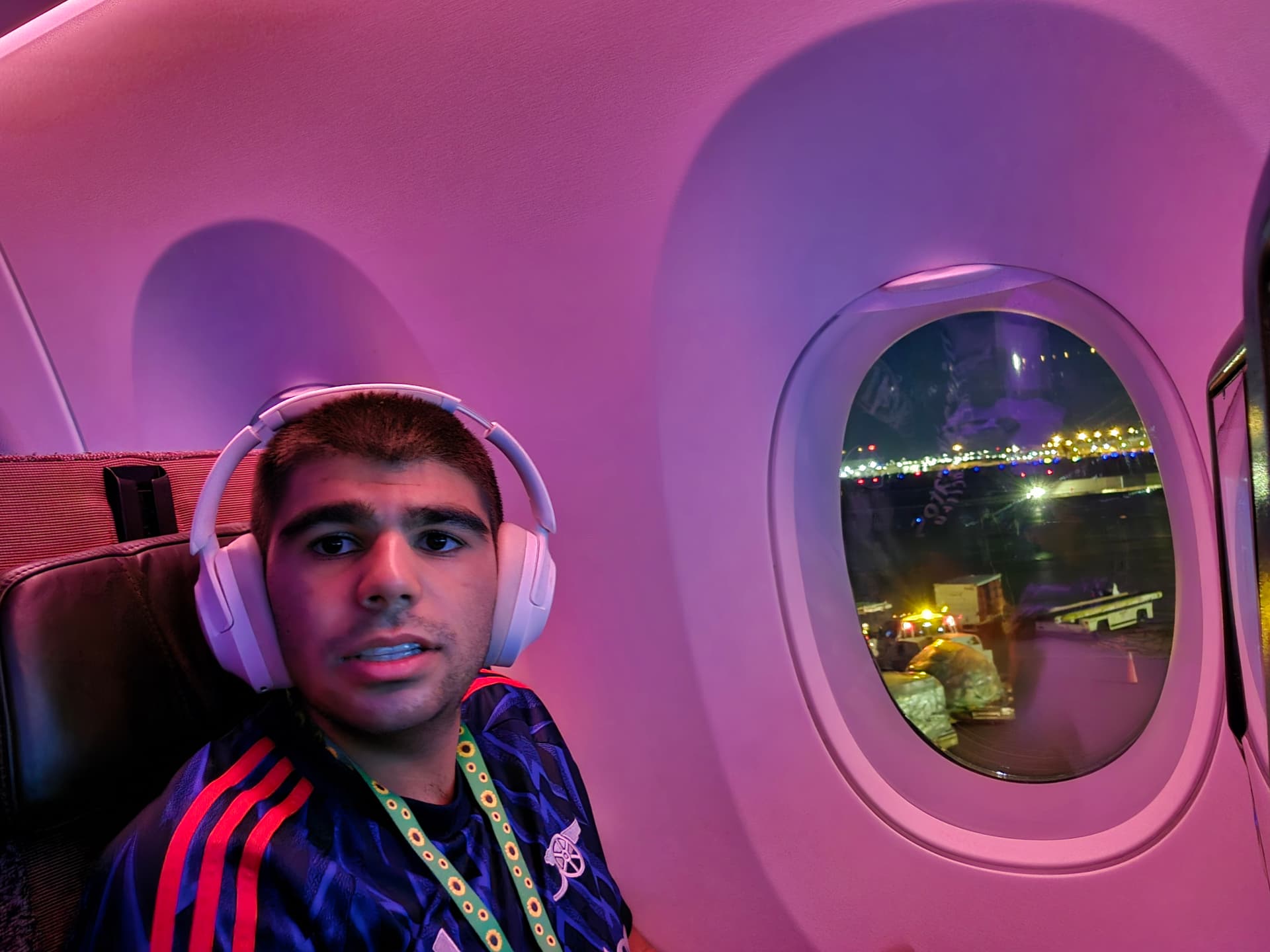Danyal settled in on the plane at night